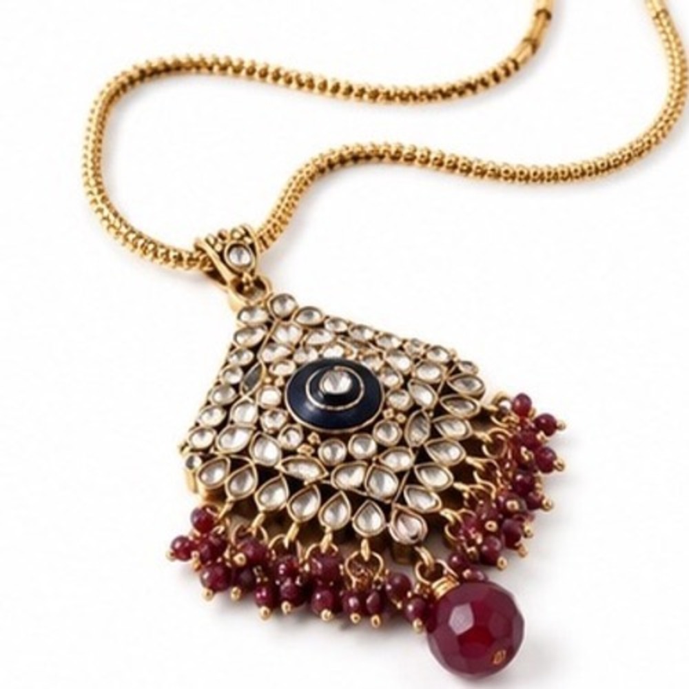 Gold Tone Kundan Ornate Statement Necklace Red Bead Fringe Ethnic Jewelry